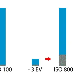 Jämförelse av brus vid ISO 100 och ISO 800. En minskning med 3 EV visar hur brus ökar med högre ISO-värden.