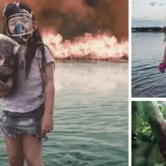 Barn med gasmask och koala framför skogsbrand. En annan bild visar ett barn vid vatten. Dessa är fake bilder.