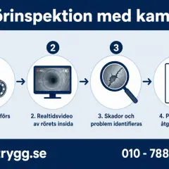 Steg för rörinspektion: kamera förs in, realtidsvideo, skador identifieras, protokoll. En rörinspektion med kamera kan avslöja problem.