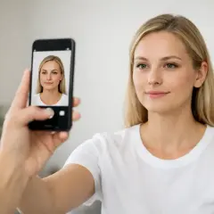 En kvinna med blont hår tar en selfie med sin mobiltelefon. Hon ler mot kameran.