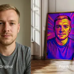 Originalt foto av en man bredvid en färgglad popkonst-tolkning av samma person.