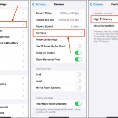 Inställningar för att minska bildstorlek iPhone: Gå till Kamera > Format och välj "Hög effektivitet" för mindre filer.