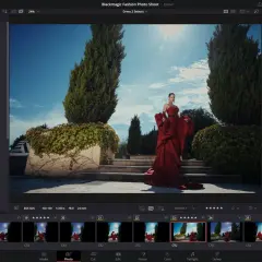 En kvinna i en röd klänning poserar utomhus. Bilden är en del av en fotoredigeringsprocess, där man kan se olika versioner och inställningar som zoom och pixel shift.