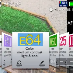 Kamerans gränssnitt visar olika färginställningar, som "E64 Color medium contrast light & cool", redo att användas.