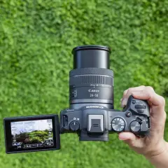 En hand håller en Canon systemkamera med objektivet 24-50mm. Kamerans skärm visar en grönskande vy.