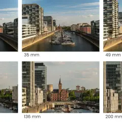 En stadsvy med en kanal, båtar och moderna byggnader, fotograferad med ett vidvinkel objektiv som visar hur perspektivet förändras.