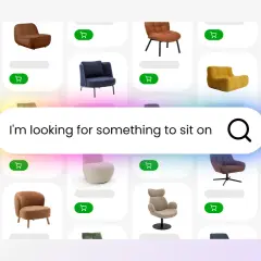 Sökning efter möbler med hjälp av ai redigera bilder. En sökfält med texten "I'm looking for something to sit on" visas över ett rutnät av stolar.