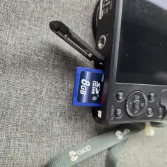 Ett SD-kort på 8GB sätts in i en Panasonic Lumix TZ60.