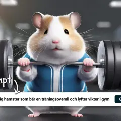 En knubbig hamster i träningsoverall lyfter vikter på gym. En gratis AI-app kan skapa sådana roliga bilder!