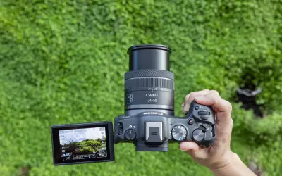 En hand håller en Canon systemkamera med objektivet 24-50mm. Kamerans skärm visar en grönskande vy.