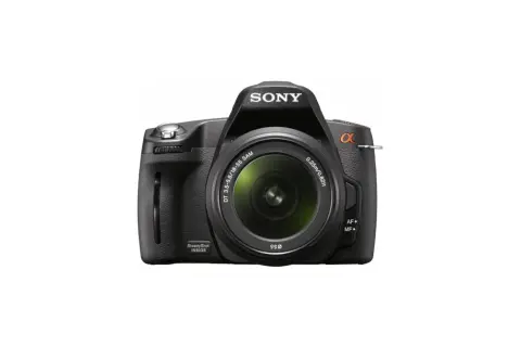 Svart systemkamera Sony a290 med objektivet monterat, redo att fånga dina minnen.