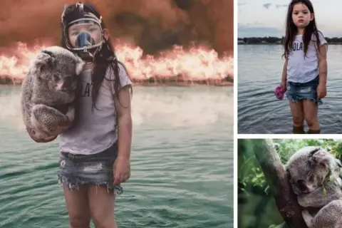 Barn med gasmask och koala framför skogsbrand. En annan bild visar ett barn vid vatten. Dessa är fake bilder.