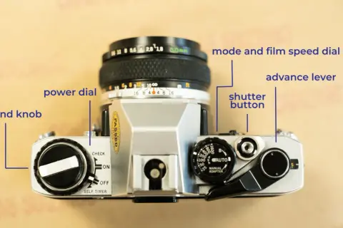 Överdelen av en Olympus OM-10 med reglage för filmframmatning, slutare och filmhastighet.
