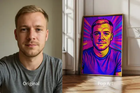 Originalt foto av en man bredvid en färgglad popkonst-tolkning av samma person.