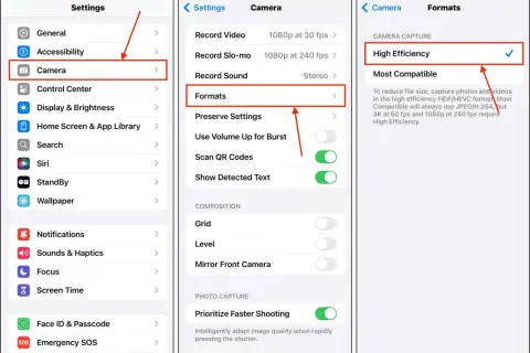 Inställningar för att minska bildstorlek iPhone: Gå till Kamera > Format och välj "Hög effektivitet" för mindre filer.