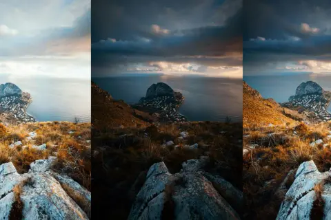 En dramatisk vy över en kuststad vid foten av ett berg, med moln som skapar en känsla av **high dynamic range**.