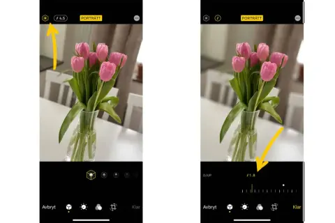 Två iPhone-skärmar visar en bukett tulpaner. Den vänstra visar f/4.5, den högra f/1.8, vilket ger en mer suddig bakgrund på bilder iPhone.
