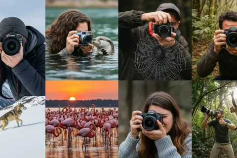 AI foto: Vildmark, djur och spindelnät fångas av fotografer i olika miljöer. En varg i snön, flamingos vid solnedgången, en utter och en apa.