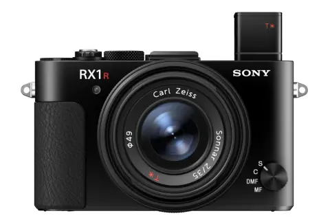 Svart kompaktkamera Sony RX1R med Carl Zeiss Sonnar-objektiv. Perfekt för att fånga ögonblick med hög kvalitet.