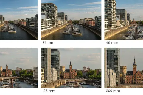 En stadsvy med en kanal, båtar och moderna byggnader, fotograferad med ett vidvinkel objektiv som visar hur perspektivet förändras.