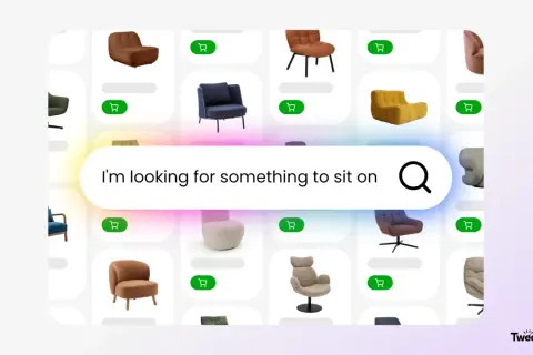 Sökning efter möbler med hjälp av ai redigera bilder. En sökfält med texten "I'm looking for something to sit on" visas över ett rutnät av stolar.