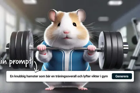 En knubbig hamster i träningsoverall lyfter vikter på gym. En gratis AI-app kan skapa sådana roliga bilder!