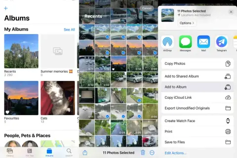 iPhone bilder: 11 bilder valda för delning. Välj mellan AirDrop, meddelanden, e-post eller Telegram.