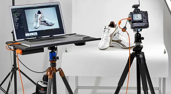 Professionell fotostudio med skor, laptop och kamera. Tethering svenska ger direkt feedback på bilden.