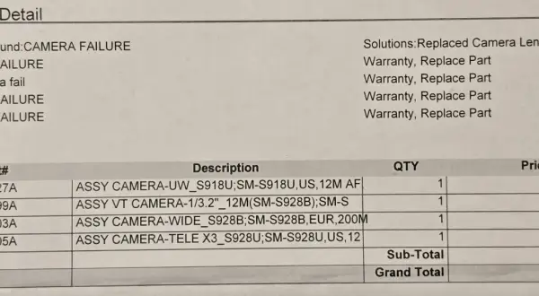 Servicebeskrivning visar att kameran fungerar inte på en Samsung-telefon. Lösningen är att byta ut kameralinsen.