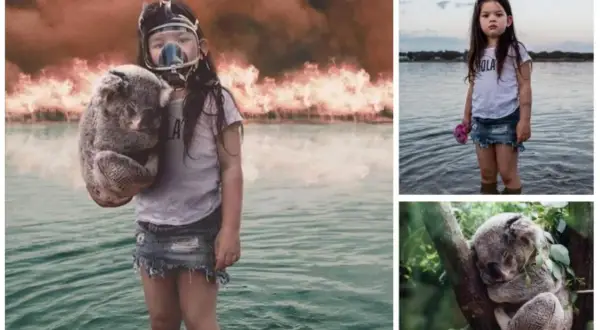 Barn med gasmask och koala framför skogsbrand. En annan bild visar ett barn vid vatten. Dessa är fake bilder.