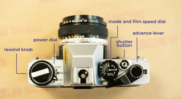 Överdelen av en Olympus OM-10 med reglage för filmframmatning, slutare och filmhastighet.