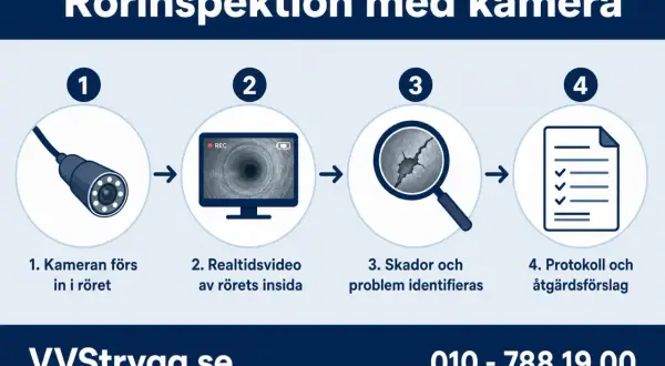 Steg för rörinspektion: kamera förs in, realtidsvideo, skador identifieras, protokoll. En rörinspektion med kamera kan avslöja problem.