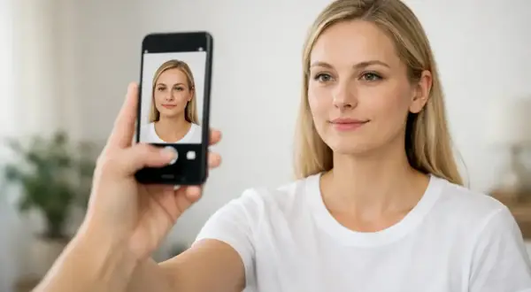 En kvinna med blont hår tar en selfie med sin mobiltelefon. Hon ler mot kameran.