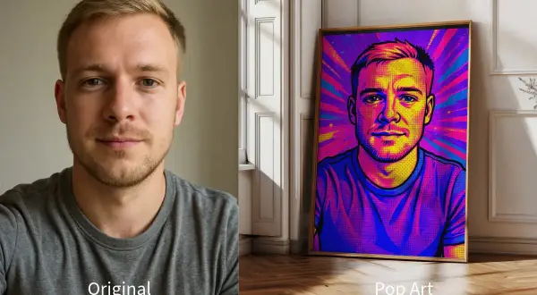 Originalt foto av en man bredvid en färgglad popkonst-tolkning av samma person.