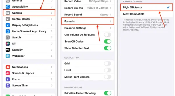 Inställningar för att minska bildstorlek iPhone: Gå till Kamera > Format och välj "Hög effektivitet" för mindre filer.