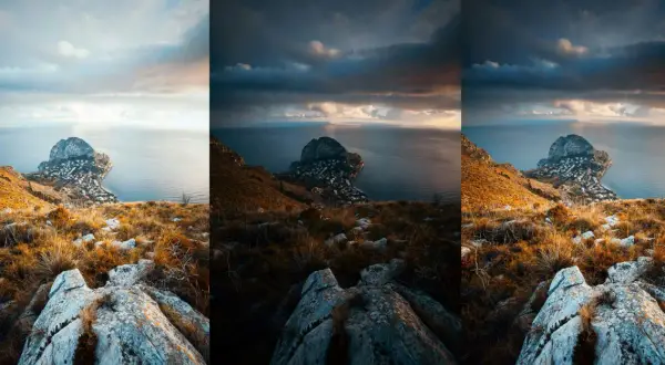 En dramatisk vy över en kuststad vid foten av ett berg, med moln som skapar en känsla av **high dynamic range**.