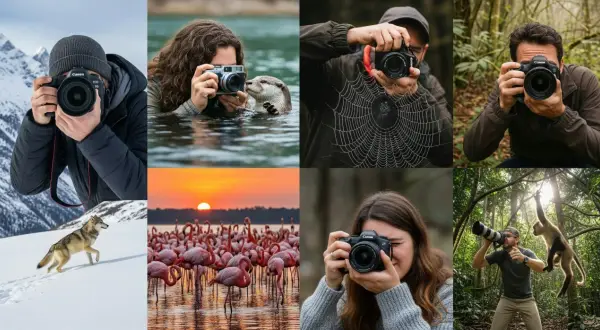 AI foto: Vildmark, djur och spindelnät fångas av fotografer i olika miljöer. En varg i snön, flamingos vid solnedgången, en utter och en apa.