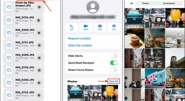 iPhone-skärm visar en konversation med filer och bilder. Välj "Se alla" för att visa fler bilder, som kan hjälpa dig att blurra bilder iPhone.