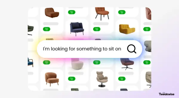 Sökning efter möbler med hjälp av ai redigera bilder. En sökfält med texten "I'm looking for something to sit on" visas över ett rutnät av stolar.