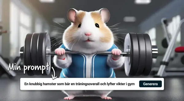 En knubbig hamster i träningsoverall lyfter vikter på gym. En gratis AI-app kan skapa sådana roliga bilder!