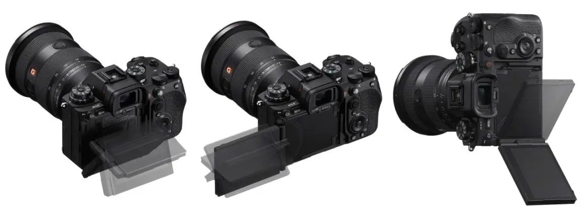 Sony a9 III-kameran tre olika vinklar visar den vinklingsbara skärmen och objektivet.