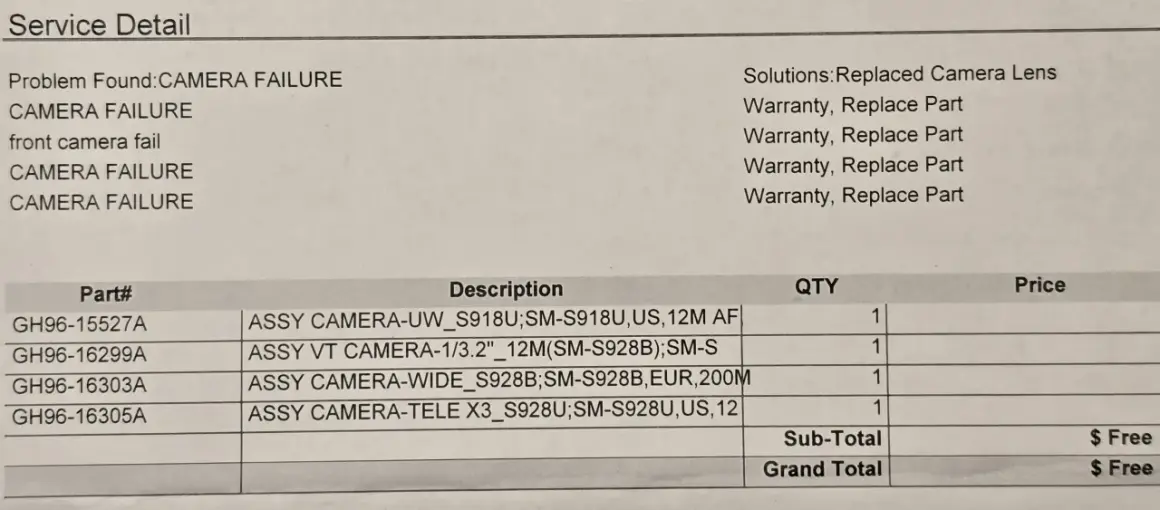 Servicebeskrivning visar att kameran fungerar inte på en Samsung-telefon. Lösningen är att byta ut kameralinsen.