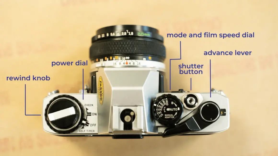 Överdelen av en Olympus OM-10 med reglage för filmframmatning, slutare och filmhastighet.