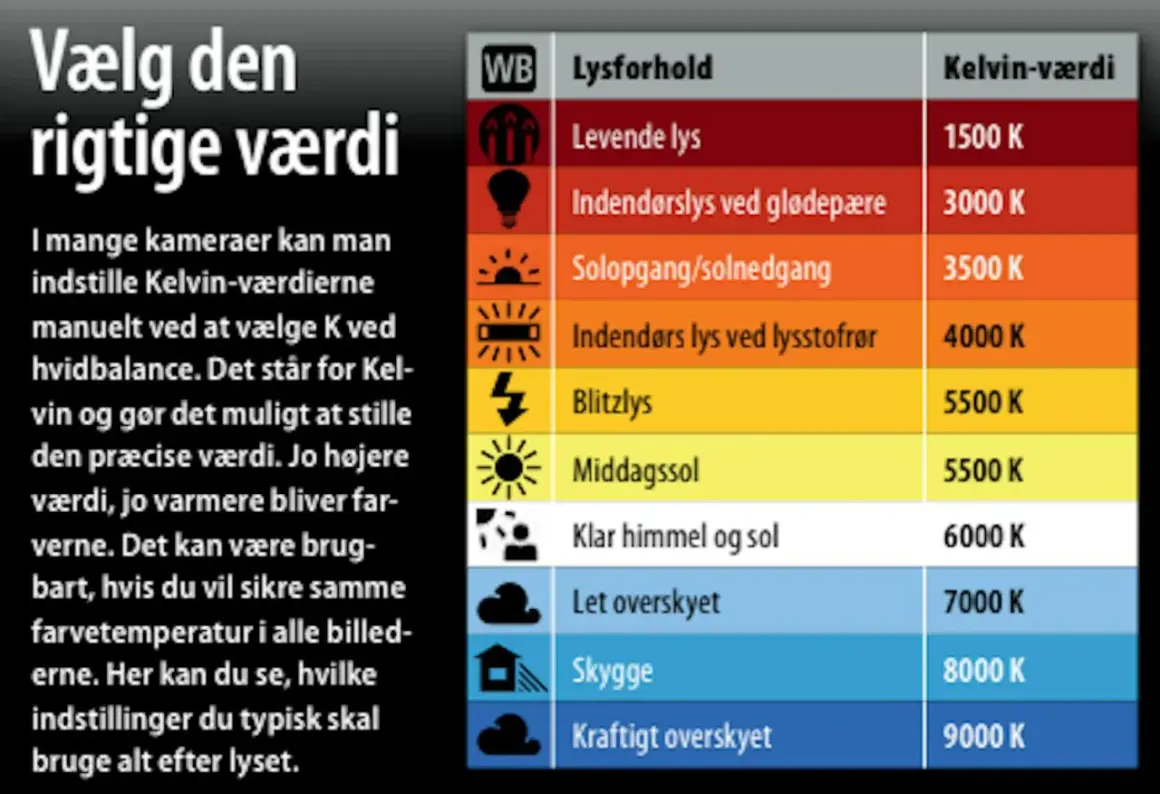 Tabell visar hur du ställer in vitbalans kamera för olika ljusförhållanden, från levande ljus till kraftigt överskyet.