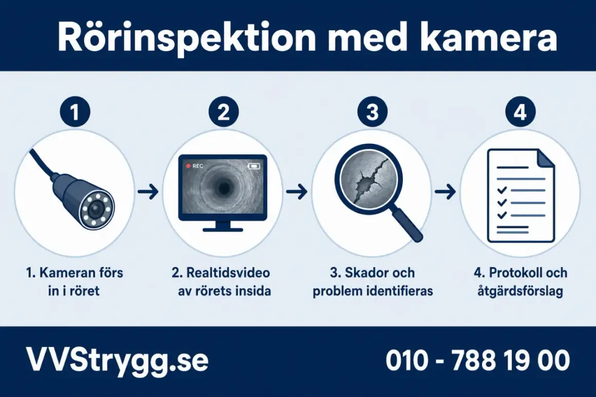 Steg för rörinspektion: kamera förs in, realtidsvideo, skador identifieras, protokoll. En rörinspektion med kamera kan avslöja problem.
