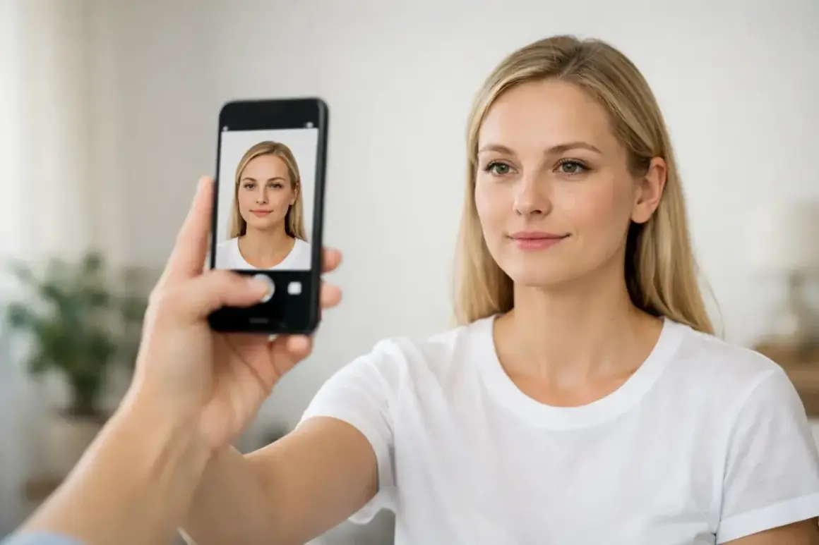 En kvinna med blont hår tar en selfie med sin mobiltelefon. Hon ler mot kameran.