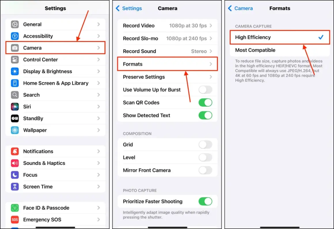 Inställningar för att minska bildstorlek iPhone: Gå till Kamera > Format och välj "Hög effektivitet" för mindre filer.