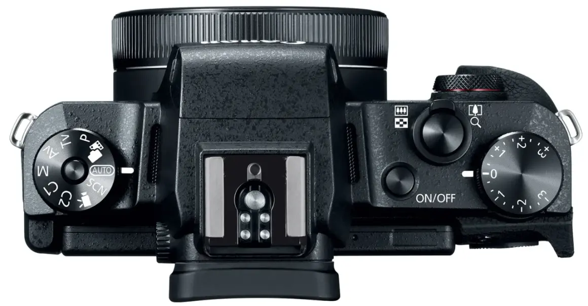 Övervy av en Canon G1X Mark III kamera med fokus på kontrollerna.
