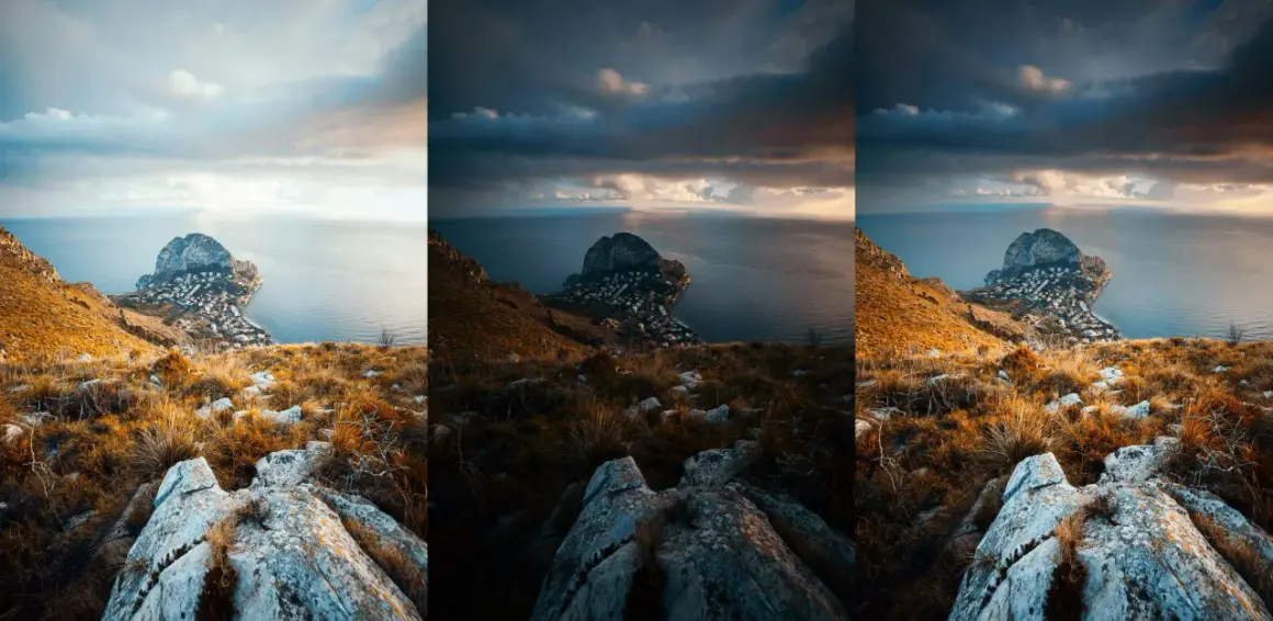 En dramatisk vy över en kuststad vid foten av ett berg, med moln som skapar en känsla av **high dynamic range**.