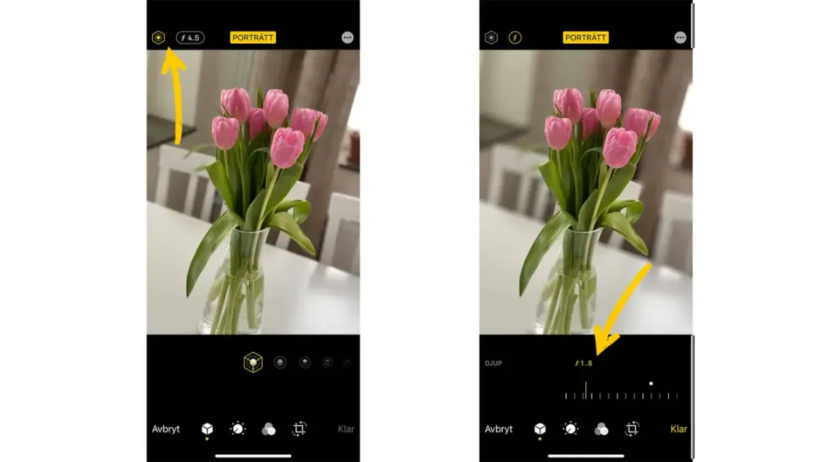 Två iPhone-skärmar visar en bukett tulpaner. Den vänstra visar f/4.5, den högra f/1.8, vilket ger en mer suddig bakgrund på bilder iPhone.
